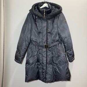Vince‎ Camuto Belted Down Coat Gray XXL Hooded Puffer Long Jacket Knit Collar